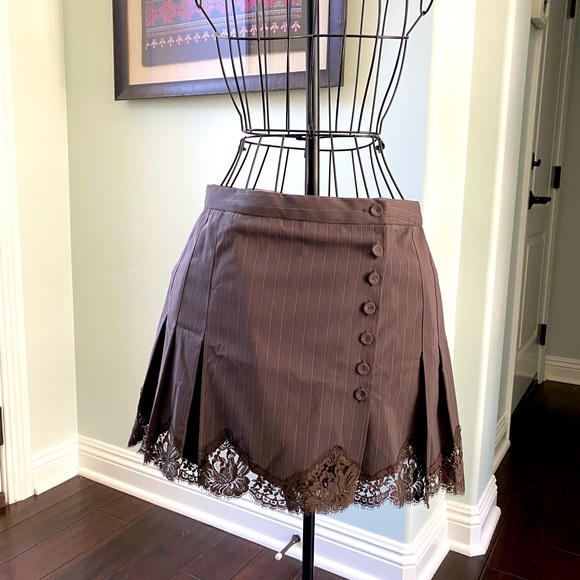 Y2K NWOT Rebecca Taylor Mini Brown Pinstripe Lace Skirt 8 - Picture 1 of 8